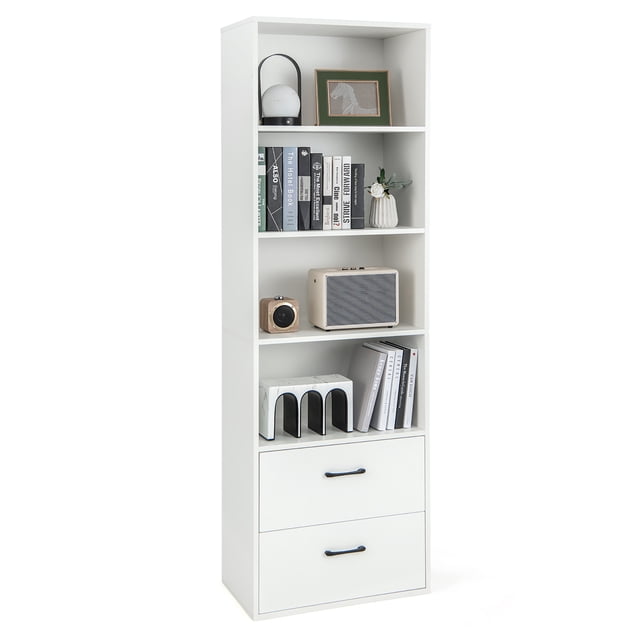 Costway Bibliothèque Autoportante Moderne à 6 Niveaux Armoire de Rangement Blanche. Cette Bibliothèque de 74 Pouces de Hauteur Présente une Finition Blanche Élégante avec 4 Étagères Ouvertes et 2 Grands Tiroirs, Offrant un Grand Rangement pour Livres, Déco et Autres Articles. Fabriquée en Bois d'Ingénierie de Haute Qualité, Elle Comprend un Dispositif Anti-Basculement pour une Sécurité Accrue. le design Moderne Convient à la Maison Ou au Bureau, avec des dimensions de 23.5 x 13.5 x 74 Pouces.