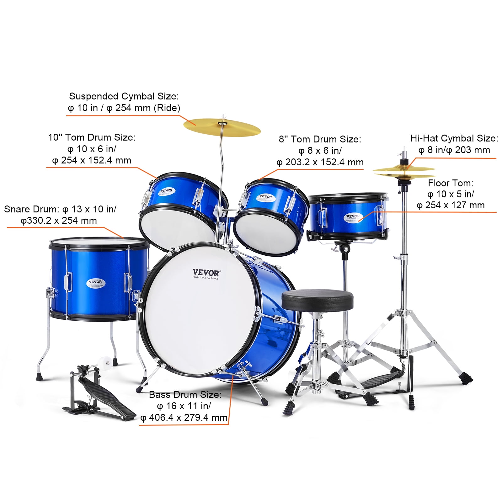 VEVOR Kids Drum Set, 5-Piece, 16 in Beginner Full Drum Set with