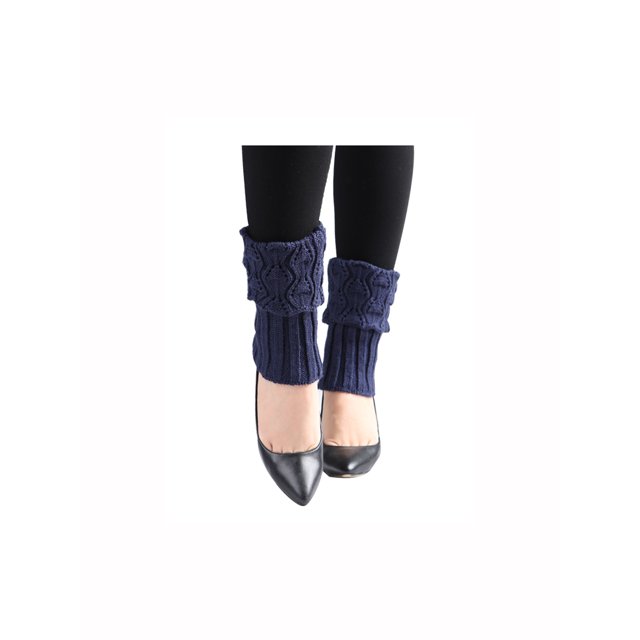 INSPIRE CHIC Women's Ruffled Cuff Over Knee Length Ribbed Knitted Leg Warmers Navy Blue-Printed
