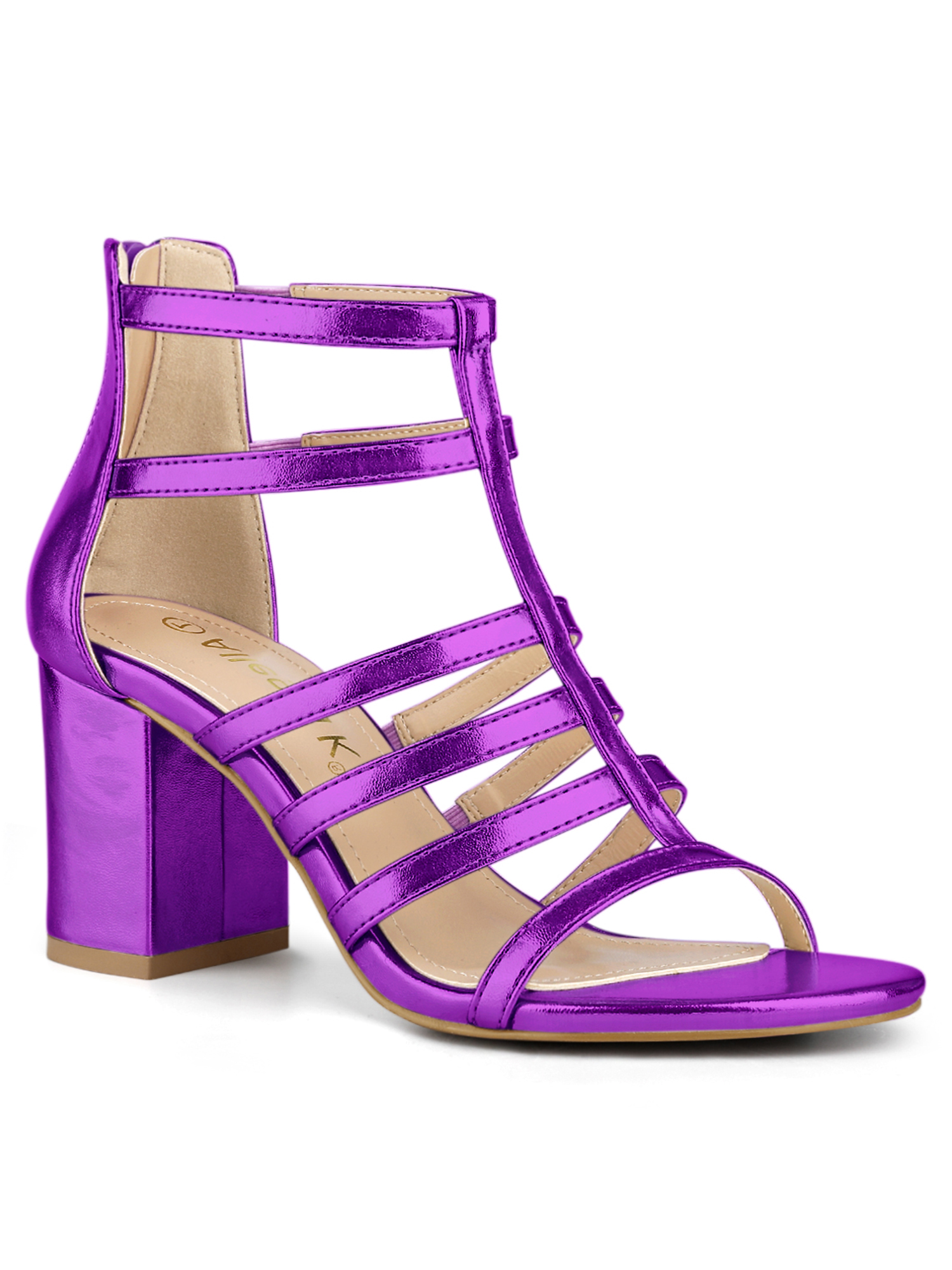 BLISSFUL STEP Women's Shoes Strappy Roman Block Heel Sandals Purple 7.5