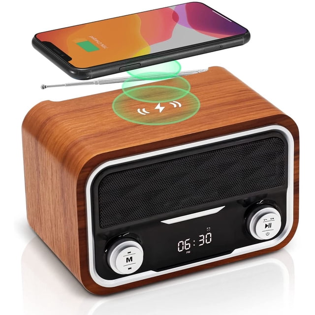 axGear Réveil Numérique en Bois à DEL Haut-Parleur Bluetooth avec Chargeur Sans Fil Rapide 10 W