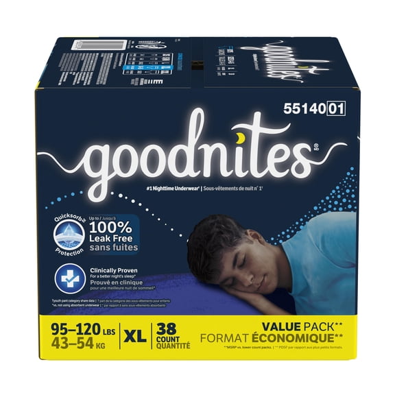 Goodnites Boys' Nighttime Bedwetting Underwear, Size XL (95-120 lbs), 38 Count