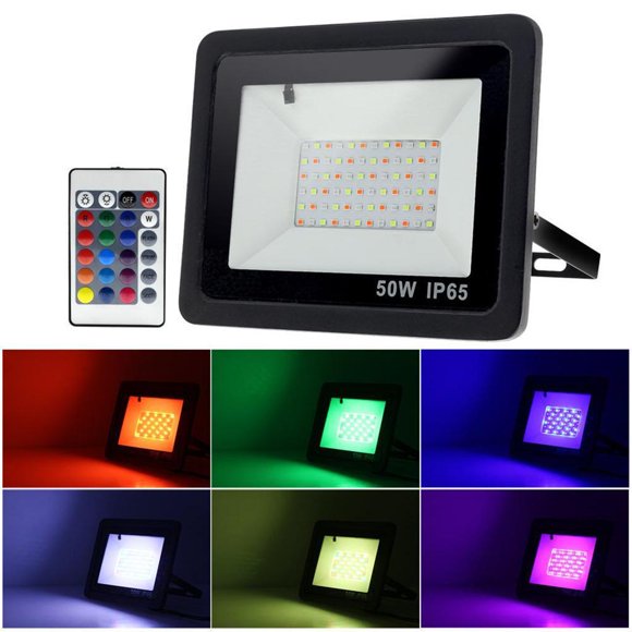 DYNWAVECA Projecteur RVB, Projecteur DEL à Changement de Couleur avec Télécommande, Projecteur Extérieur Étanche IP65 pour Scène, Fête, Paysage, Jardin - 50 W