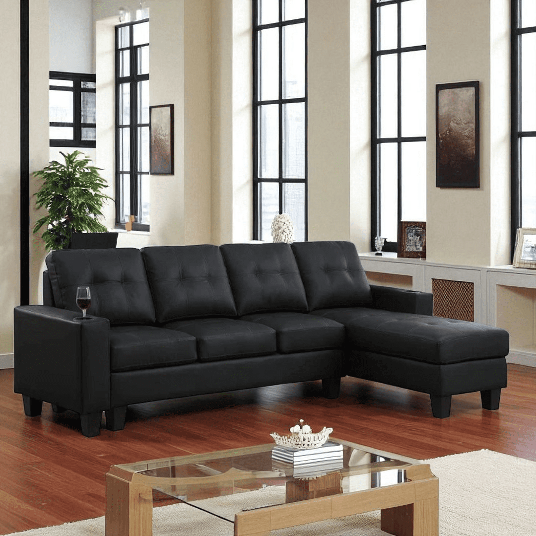 Cosmic Homes Bexen Fabric Upholstered Sectional Sofa With Reversible Chaise – Black L-Shaped Couch with Cup Holders for Living Room