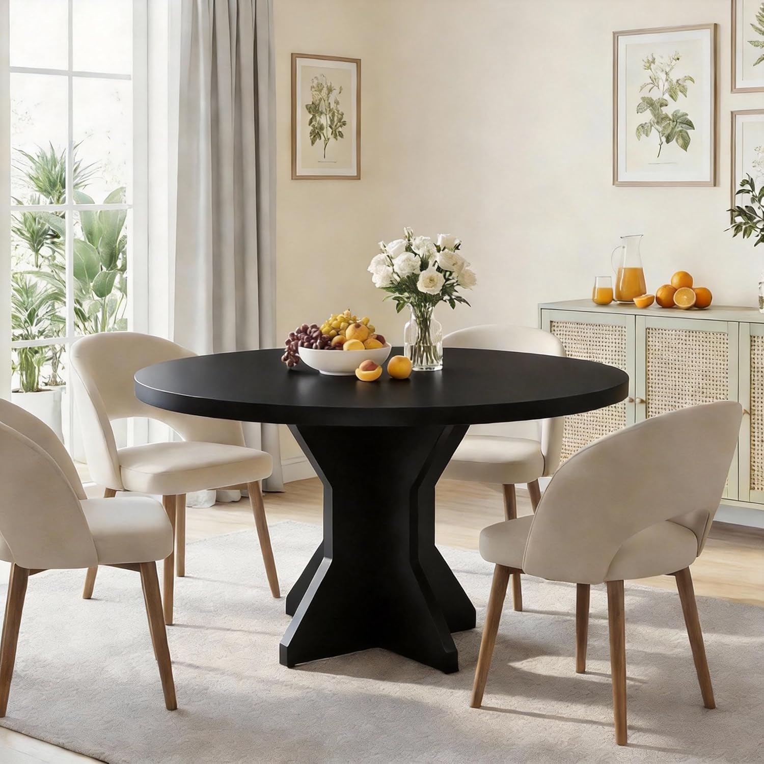 Round Dining Table, 47" Kitchen Table for 4-6 People, Circle Tables with Sturdy Pedestal Base, Space Saving Dinning Room Furniture for Living Room, Kitchen, Apartment, Black