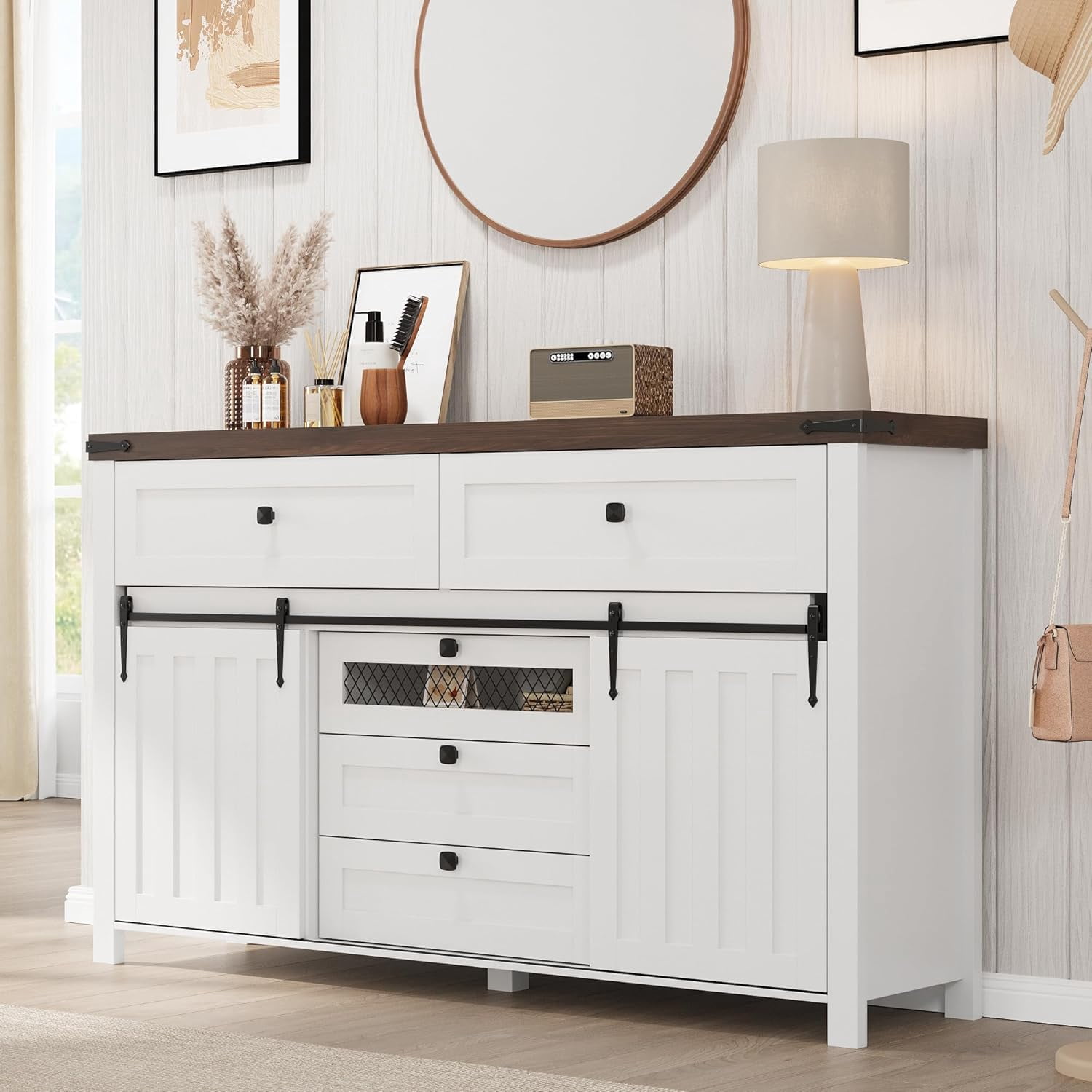 Farmhouse 5 Drawers Dresser for Bedroom with Sliding Barn Doors, Wood Dresser & Chest of Drawers, Rustic Dresser TV Stand, Dresser Organizer for Bedroom, Living Room, White