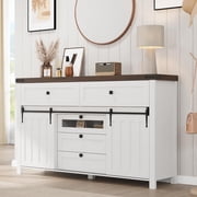 Farmhouse 5 Drawers Dresser for Bedroom with Sliding Barn Doors, Wood Dresser & Chest of Drawers, Rustic Dresser TV Stand, Dresser Organizer for Bedroom, Living Room, White