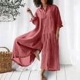 thumbnail image 1 of LOVZFMLL Combinaison pour Femme, Barboteuse Décontractée Unie à Col Rabattu en Coton et Lin, Combinaison Longue à Fermeture Éclair Rouge, TG, 1 of 6