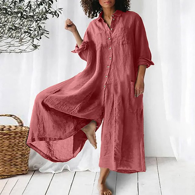 LOVZFMLL Combinaison pour Femme, Barboteuse Décontractée Unie à Col Rabattu en Coton et Lin, Combinaison Longue à Fermeture Éclair Rouge, TG