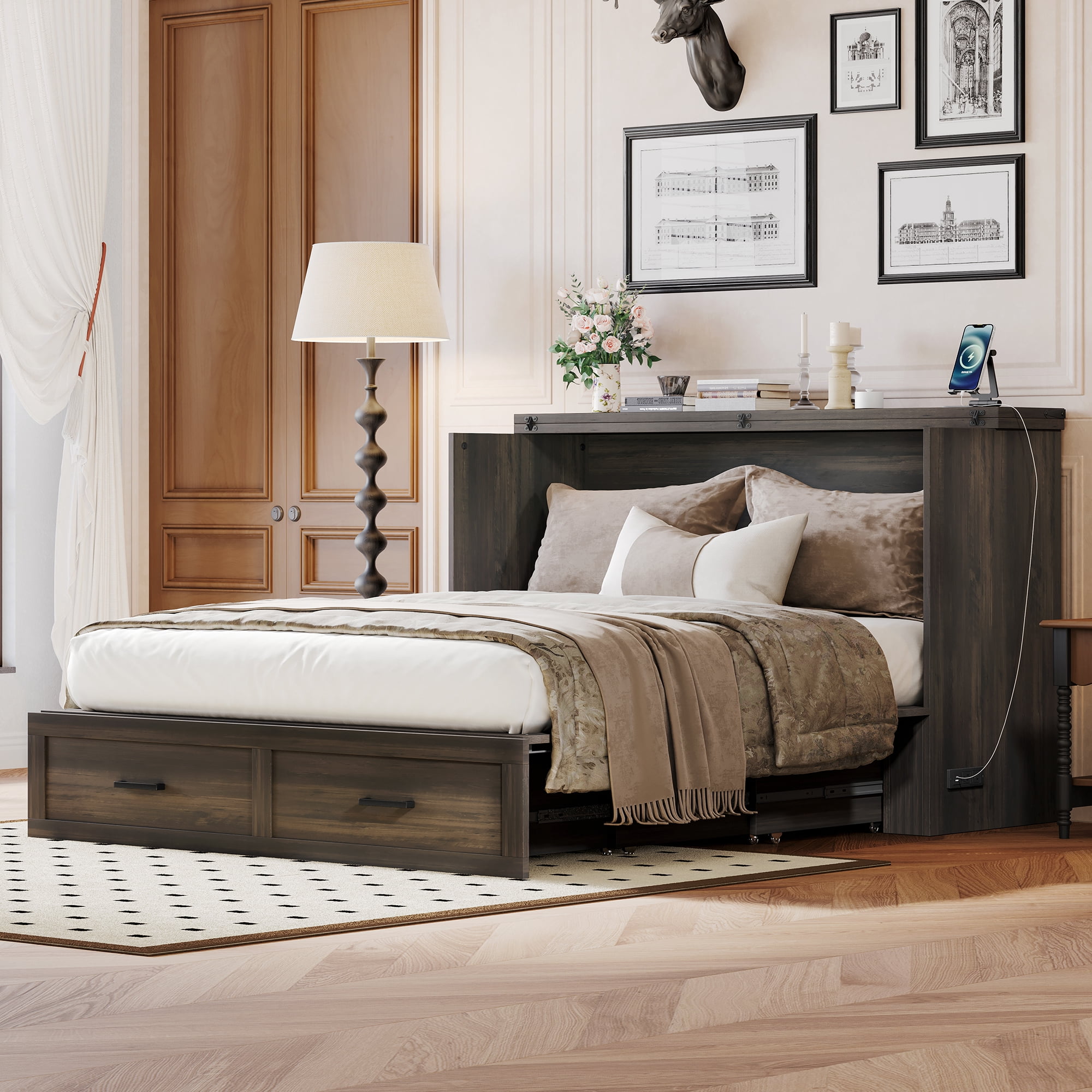 Lit escamotable Noble House, de style ferme, gris, 3 places, avec station de recharge