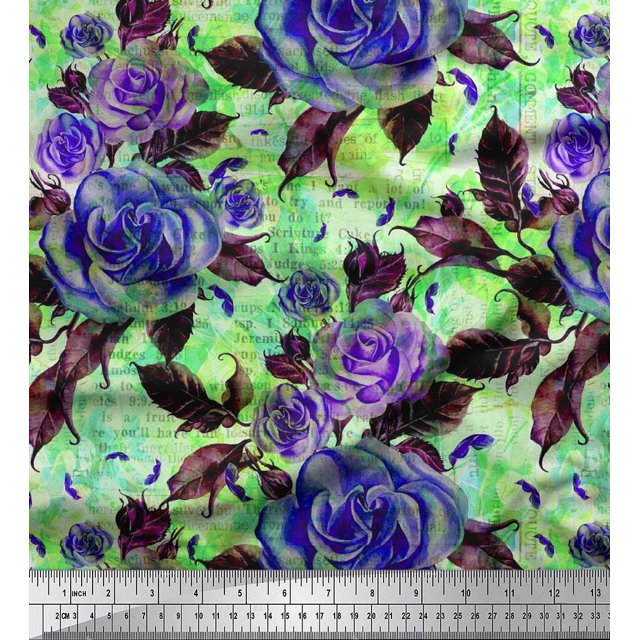 Soimoi polyester Crepe Fabric Leaves & Rose Flower Decor Fabric Printed Yard 52 Inch Wide
