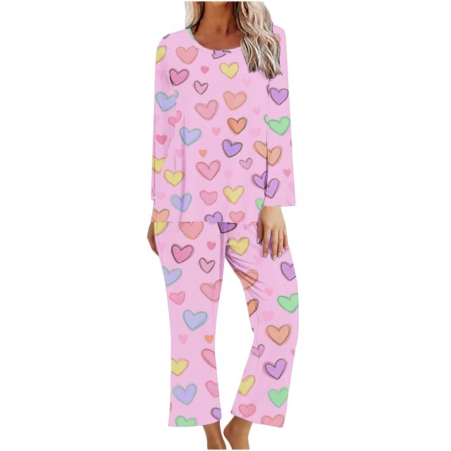 TIMIFIS Pyjama Grande Taille pour Femmes Ensemble Valentines Day Détente Mignon Imprimé Cœur Col Rond Manches Longues avec Pantalon Ensembles de Pjs Ensembles de Pyjamas pour Dames