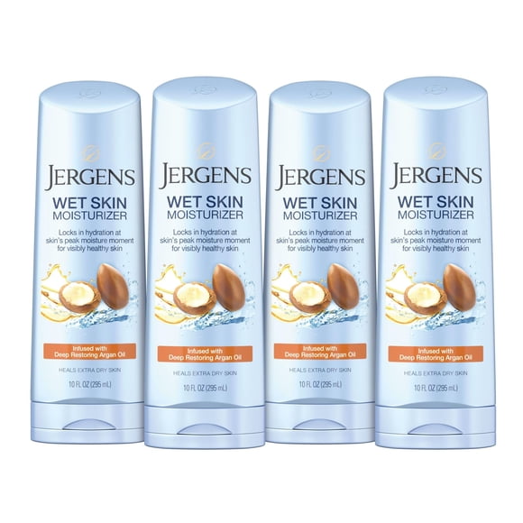 Jergens Hydratant Corporel pour Peau Mouillée avec Huile d'Argan Réparatrice, Lotion pour la Douche, Hydratant pour Peau Sèche, Absorption Rapide, Non Collant, 10 Onces (Pack o