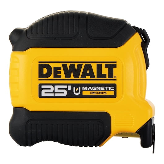 DEWALT 25 ft. Compact Magnetic Tape Measure with a durable yellow and black casing. Features a 13 ft. max reach, removable hook magnet, and integrated finger brake for precision control. Includes double-sided blade print for vertical and overhead measurements and a wear-resistant blade coating for longevity.