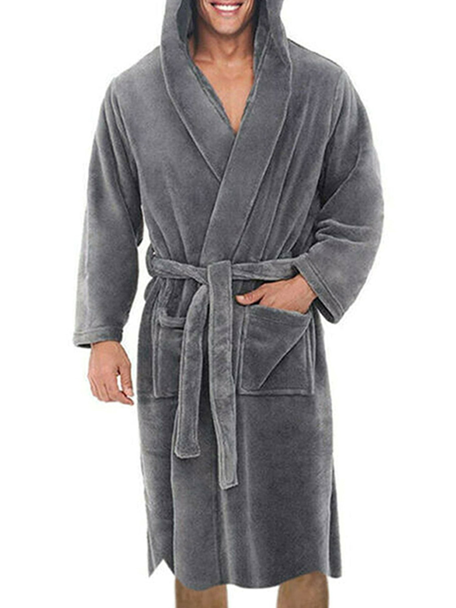 LUXUR Men Dressing Gown Hooded Wrap Robe Long Sleeve Bath Robes Plain Nightwear Solid Color Towelling Gray M