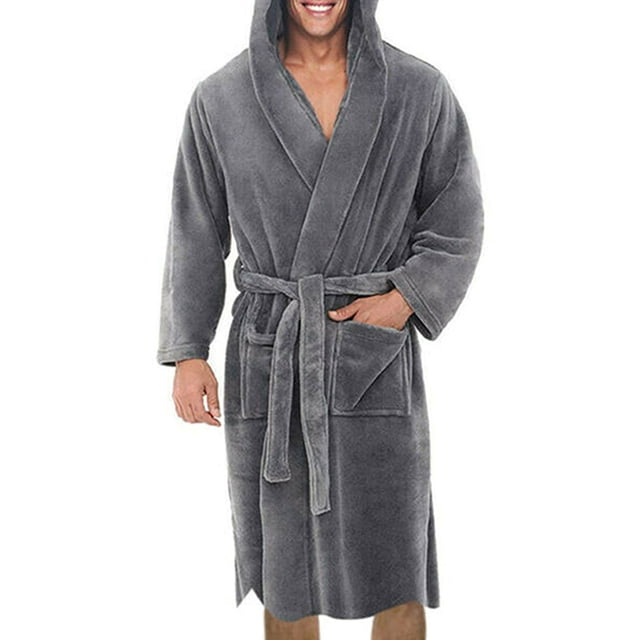 LUXUR Men Dressing Gown Hooded Wrap Robe in gray, featuring a long sleeve design with a belted waist and two front pockets. Made from a soft polyester-cotton blend, this plush fleece bathrobe is ideal for lounging, nightwear, or casual home wear during colder seasons. The robe has a V-neckline and a hood for added warmth and comfort.