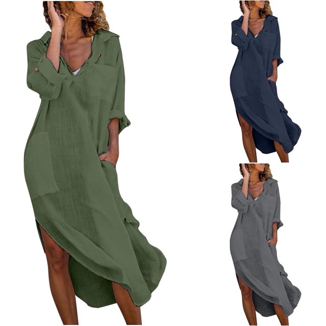 EQWLJWE Robes pour Femmes 2023 Invitée de Mariage Mode pour Femmes Uni Manches Longues Poches Col Rabattu Robes Liquidation Robes pour Femmes