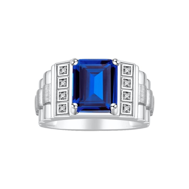 RYLOS Men's Rings Sterling Silver Designer Style 10X8MM Emerald Cut Shape Gemstone & Diamonds Sapphire September Birthstone Rings For Men Size 9