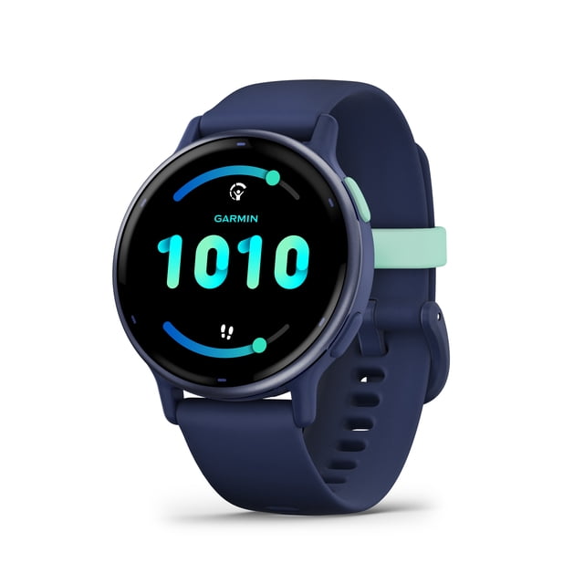 Garmin vívoactive® 5 GPS Smartwatch and Fitness Tracker in navy with a 1.2-inch AMOLED display showing 10:10, silicone strap with mint green loop, anodized aluminum bezel, and Corning Gorilla Glass 3 lens, suitable for health monitoring, GPS tracking, and sports.