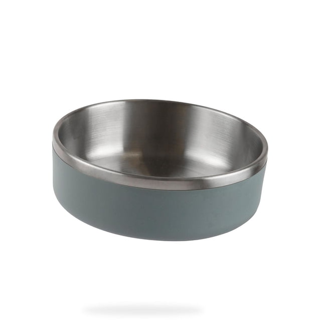 One Paw, Small Double Stainless Steel Dog Bowl, 1.3L (44 oz) shown as a single round bowl with brushed stainless steel interior and grey matte exterior, featuring rust-resistant double-wall construction, non-slip base, dishwasher and freezer safe, measuring 6 inches wide by 2.5 inches high, suitable for small dogs.