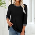 thumbnail image 2 of HAiming Chandails 3/4 pour Femmes, Hauts Habillés Décontractés, Blocs de Couleur, Col Ras du Cou, T-Shirts Basiques de Mode d'Automne, Vêtements, 2 of 7