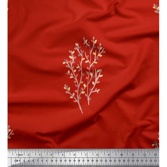 Soimoi Red polyester Crepe Fabric Artistic Leaves Fabric Prints By Yard 42 Inch Wide