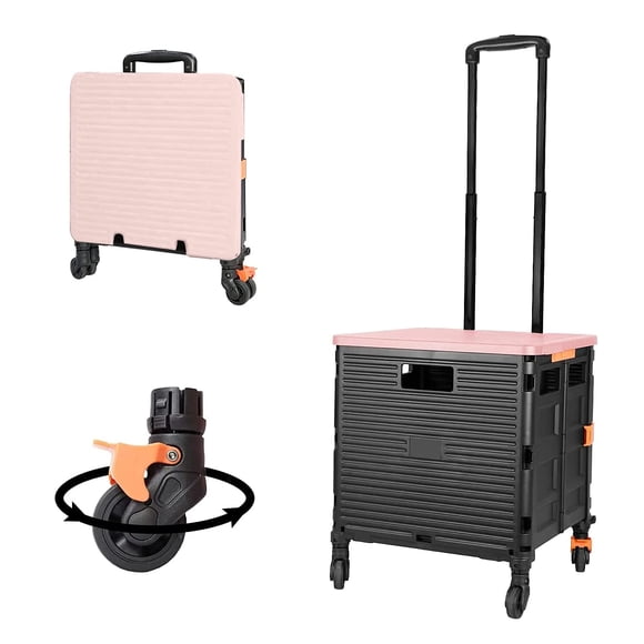 Foldable Utility Cart Folding Portable Rolling Crate Handcart with Durable Heavy Duty Plastic Telescoping Handle Collapsible 4 Rotate Wheels for Travel Shopping Moving Lu