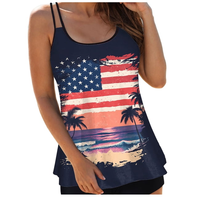 NIEWTR Tankini Hauts pour Femmes Bretelles Spaghetti Contrôle du Ventre Haut de Maillot de Bain Drapeau Américain Graphique Haut de Maillot de Bain (Rouge, P)
