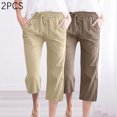thumbnail image 4 of Timegard 2pc Capri Pants for Women Cotton Linen Elastic Waist Loose Lounge Crop Pants Pockets Solid Color, 4 of 7