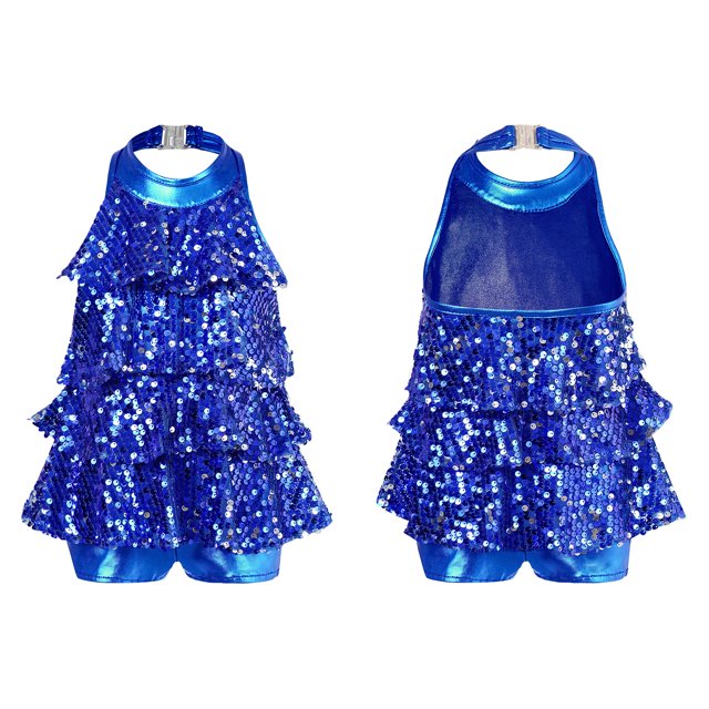 TiaoBug Robe Mini Sans Manches à Sequins Brillants avec Franges pour Filles, Robe de Salsa de Jazz Latin, Robe de Rumba Unitard Bleu Royal 8