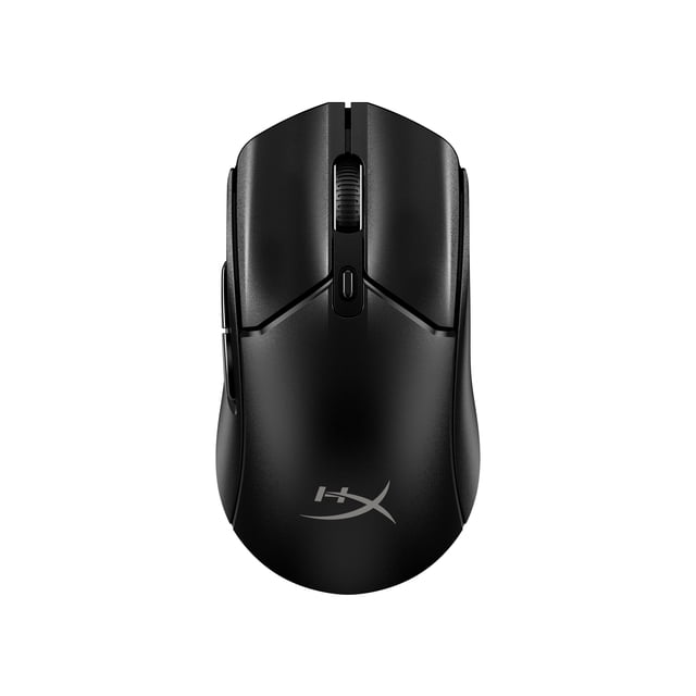 HyperX Pulsefire Haste 2 Core Wireless gaming mouse in matte black with symmetrical lightweight design, six-button layout including side buttons, textured scroll wheel, and HyperX logo on palm rest, featuring dual wireless connectivity and high-performance sensor, also suitable for precise everyday computer use.