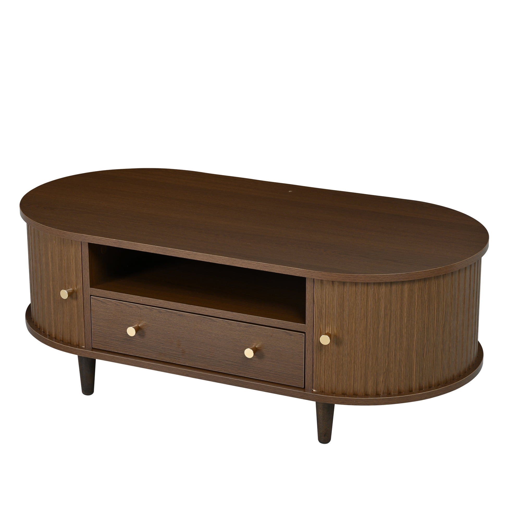 Homy Casa table basse ovale noyer avec tiroir, tablette ouverte et portes tambour pour le salon