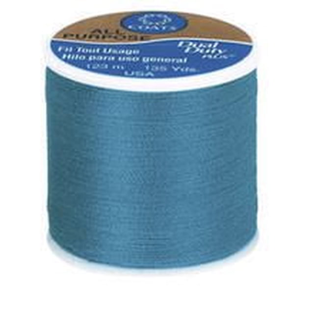 Coats & Clark All Purpose Polyester Thread spool in blue, 123 metres long, made of 100% polyester covered polyester for strength, suitable for hand and machine sewing on knits and woven fabrics, often used in sewing and crafting projects.