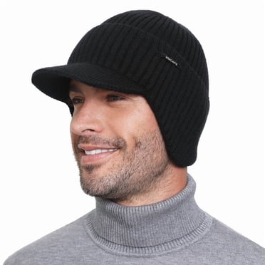 WMCAPS Winter Beanie with Brim and Ear Flaps, Outdoor Warm Fleece Lined Knit Hat Stocking Caps for Men Women (Black)