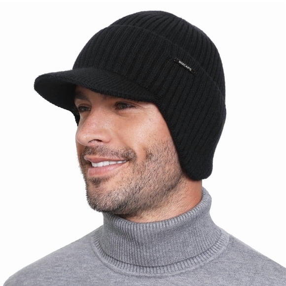 WMCAPS Winter Beanie with Brim and Ear Flaps, Outdoor Warm Fleece Lined Knit Hat Stocking Caps for Men Women (Black)