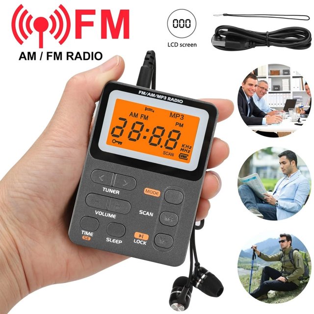 EIGTHTAIL Personal AM/FM Pocket Radio, a compact and portable mini digital tuning stereo Walkman radio with a rechargeable battery, earphones, and lock screen feature. The device has an orange LCD backlight display showing AM/FM frequencies and control buttons for tuning, volume, and sleep mode. Includes a 3.5mm earphone, micro-USB charging cable, and neck lanyard. Suitable for walking, jogging, traveling, and camping.