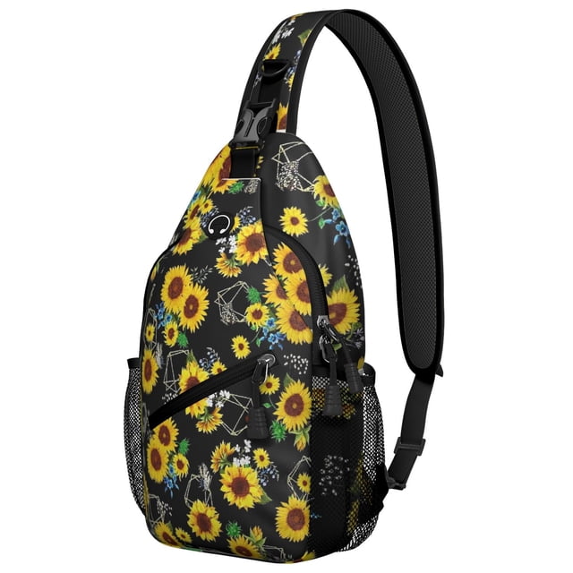 Yellow Floral Sunflower Pattern Sling Backpack, Boho Country Crossbody Shoulder Bag with Wildflower Bloom and Rustic Summer Design Daypack