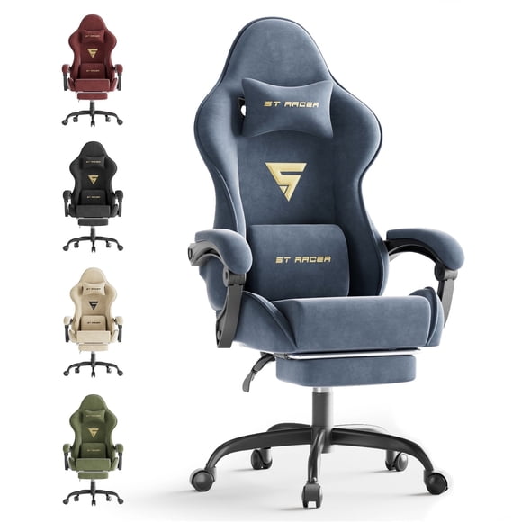 Luxvie Chaise de Jeu en Tissu Velours avec Repose-Pieds, Dossier Haut Inclinable, Chaise Ergonomique pour Ordinateur Gamer avec Appuie-Tête et Massage, Style Course, Chaise de Jeu PC pour Adultes, Gris