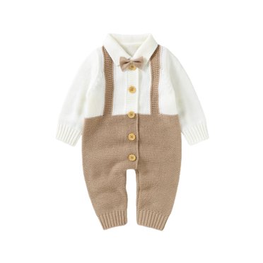 Xingqing Newborn Baby Boys Gentleman Romper Sweater Long Sleeve Knitted Jumpsuit Formal Button Down Clothes Fall Winter