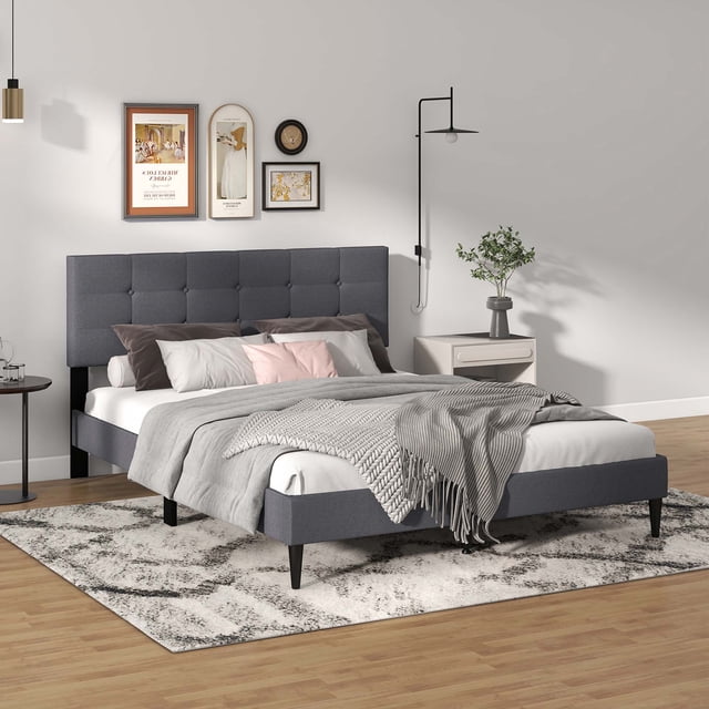 Costway Lit Plateforme Grand Rembourré Base de Matelas Tête de Lit Capitonnée Gris