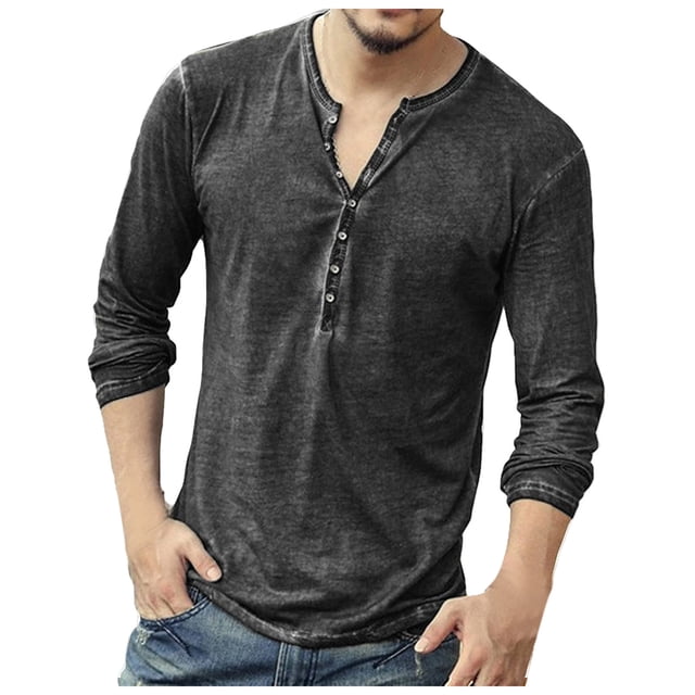 Pompotops Man V Neck Long Sleeve Shirts Button On Slim for Shirt Leisure Solid Color Top on Sale