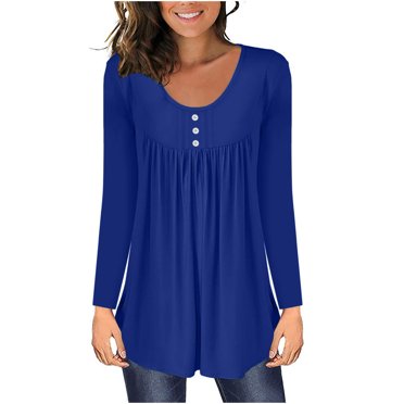 FAIWAD Womens Basic Tunic Tops Long Sleeve Round Neck Button Blouse Casual Pleated Baggy Pullover Top