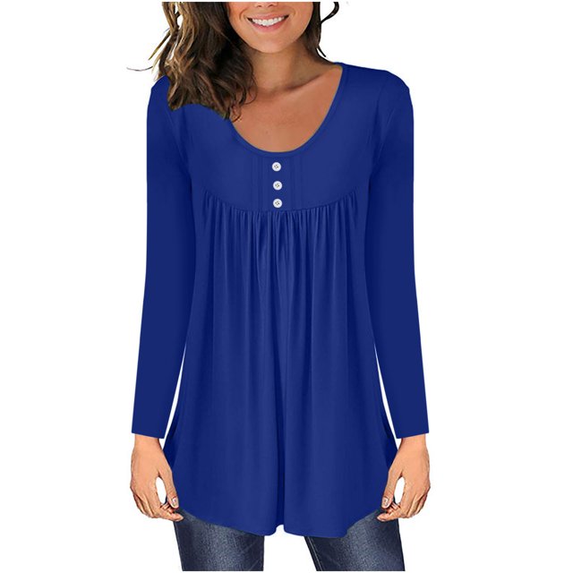 FAIWAD Tunique Basique pour Femmes Manches Longues Col Rond Blouse Boutonnée Décontractée Plissée Ample