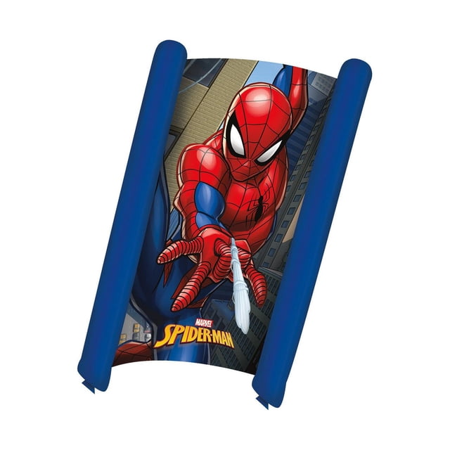 X Kites Inflate-A-Kite 33 inch wide inflatable kite featuring Spider-Man in red and blue suit shooting web over a cityscape, with blue inflatable side tubes, easy fill system, handle, line QuikClip, and SkyTails included, suitable for outdoor play and backyard games.