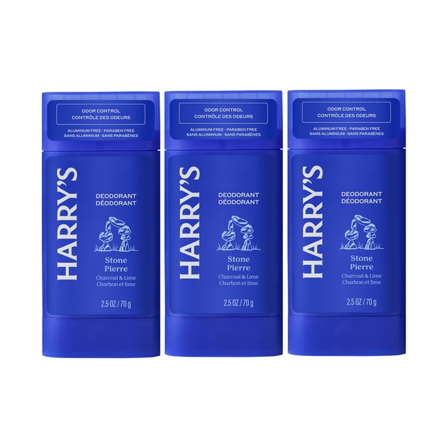 Harry's Men's Odor Control Deodorant in Stone scent, featuring three 2.5 oz sticks. This men's deodorant stick offers advanced odor protection, is sensitive skin-friendly, and ideal for daily use. The vibrant blue packaging includes bilingual labeling in English and French, emphasizing its aluminum-free and paraben-free formula.