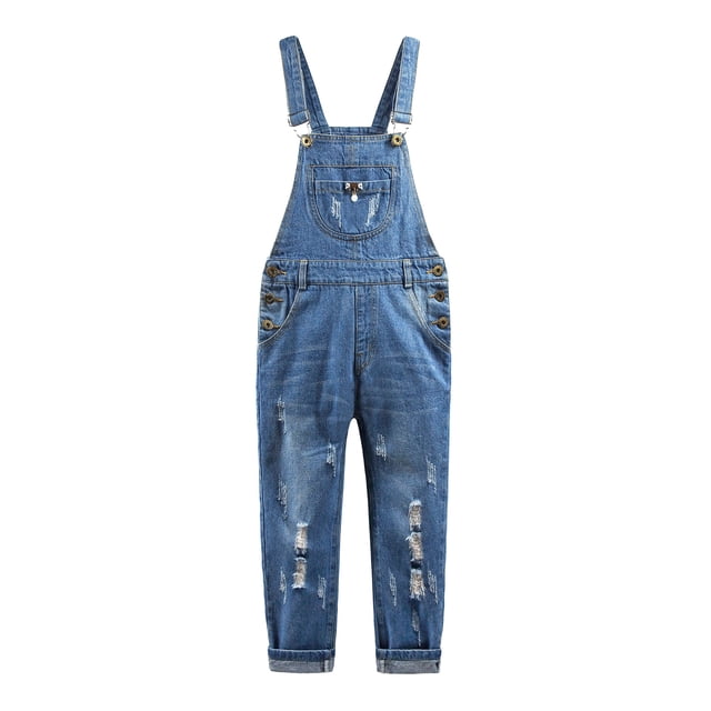 KIDSCOOL SPACE Girls Washed Distressed Denim Ripped Cotton Jean Overalls,4-5 Years