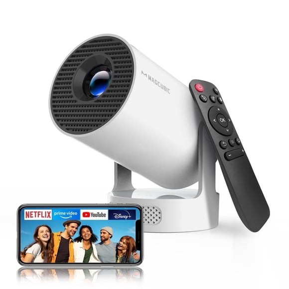 Magcubic Mini Projector 4K Support with WiFi 6 and BT 5.4, 5W Soundbase Speaker, Auto Vertical Keystone 180° Rotatable Portable Projector for Home Bedroom Outdoor Movies HY300Pro+ White