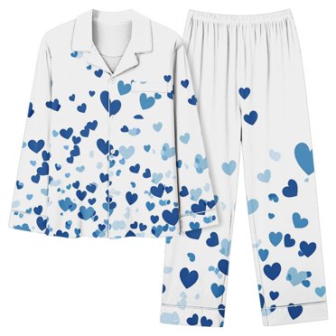 WTXUE Women Valentine Pajamas Set Heart Parinted Button Down Sleepwear Lounge Set Nightwear Cute Pajama Sets Button Down Pajamas Long Sleeve Pajama Set Soft Stretchy Pajama Set Blue Xxl