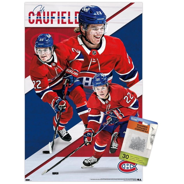 LNH Canadiens de Montréal - Affiche Murale Cole Caufield 22, 22,375 Po x 34 Po Présentant Trois poses d'Action de Cole Caufield en Uniforme Canadiens de Montréal Rouge avec Rayures Bleues et Blanches, Portant le Casque Numéro 22, Patinage et Maniement d'Un Bâton de hockey sur une Patinoire avec un Fond Géométrique Rouge, Blanc et Bleu et le logo des Canadiens, Comprend des Punaises Adhésives Transparentes pour un Montage Sans Dommages.