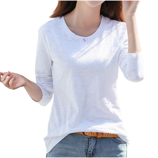 Plebaso Chemises à Manches Longues pour Femmes Col Rond Bas Confortables Hauts Décontractés Couleur Unie Blouses pour Femmes M-4TG